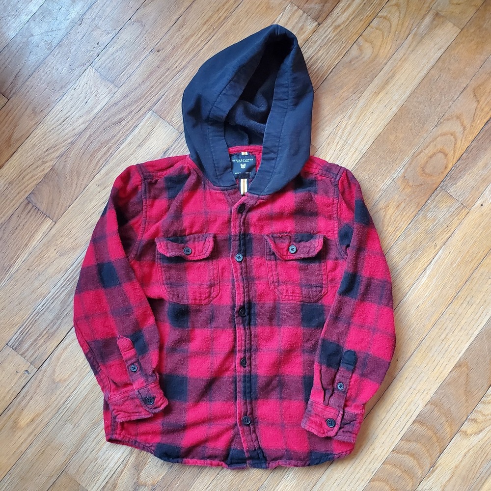 Denim & Flower‎ hooded Smiley face plaid 100% cotton flannel button front size 7